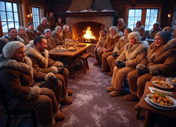 People gathering warm cabin