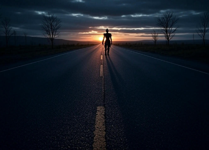 Silhouette on road sunset