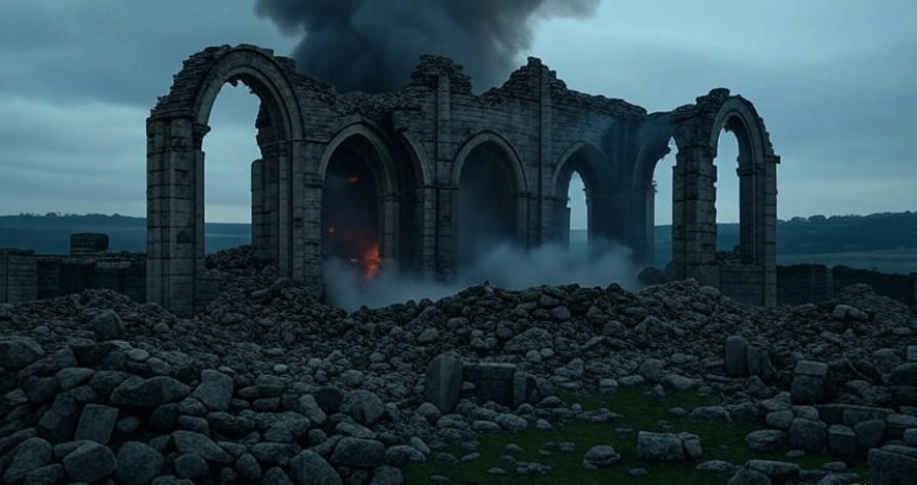 Ruined arches with fire