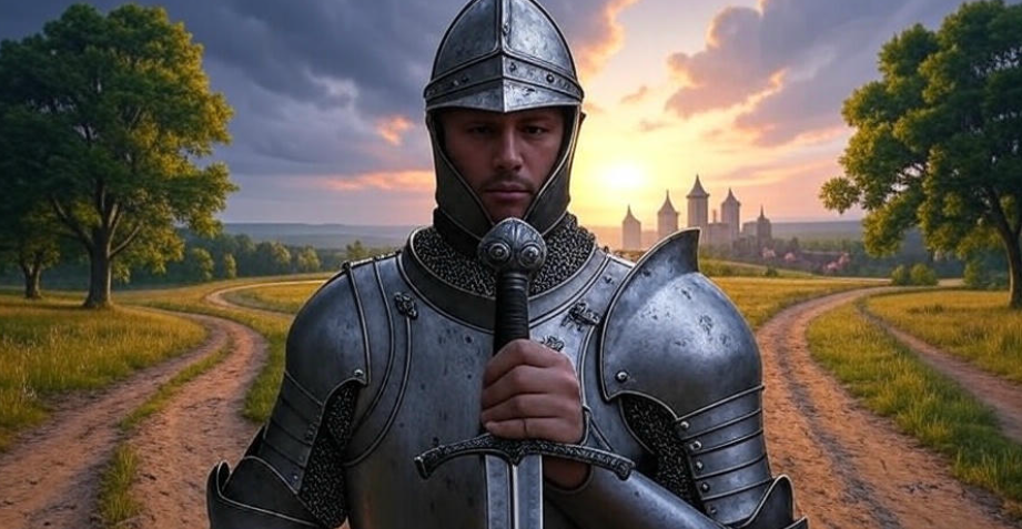 Knight sword sunset landscape