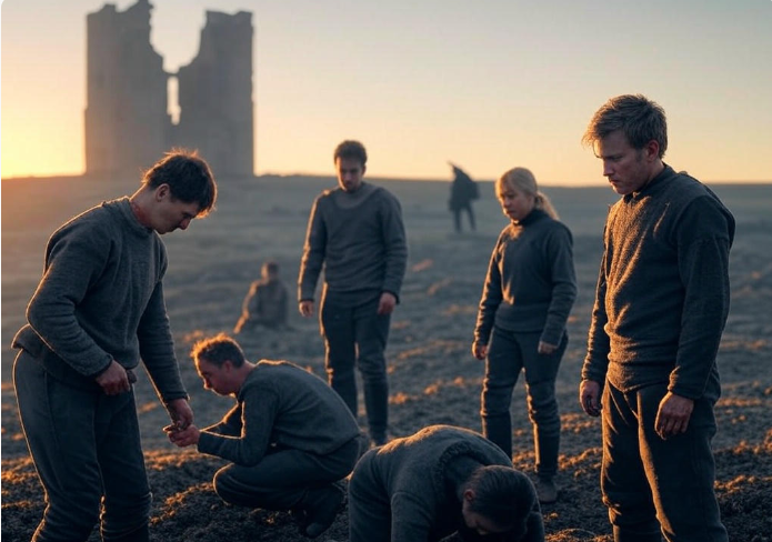 People digging near ruins