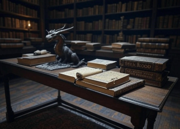 Library table dragon statue books