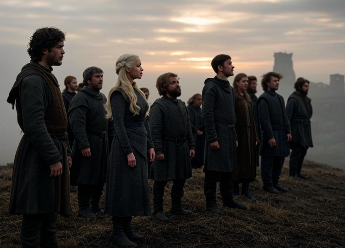 Group standing at sunrise