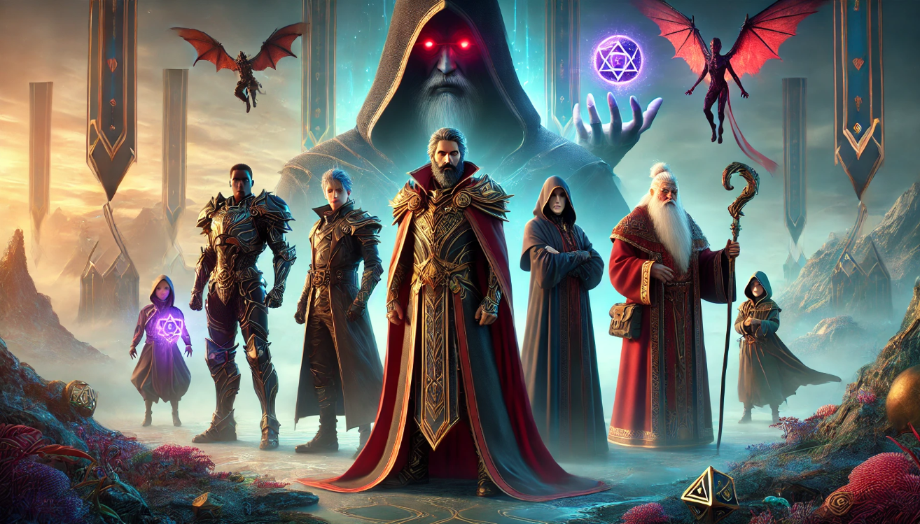 Epic fantasy warriors gathering mystical