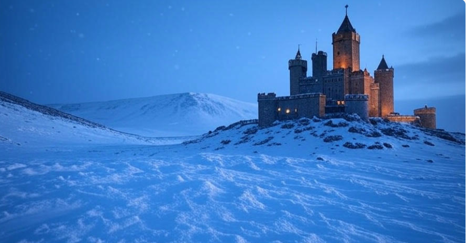 Snowy castle twilight landscape

