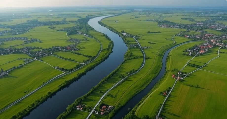 Aerial view Trident River branches fertile farmland lush green landscapes small towns medieval elements castles trade routes