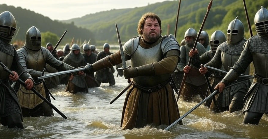 Battle Trident Robert Baratheon medieval armor swords clashing river valley arrows air heroic atmosphere