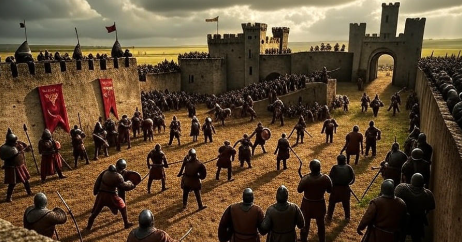 Riverrun siege Tully banners soldiers preparing dramatic sky archers cavalry infantry medieval war
