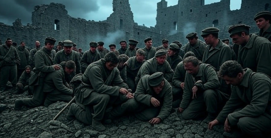 Riverrun ruins Tully soldiers mourning somber dark sky aftermath betrayal