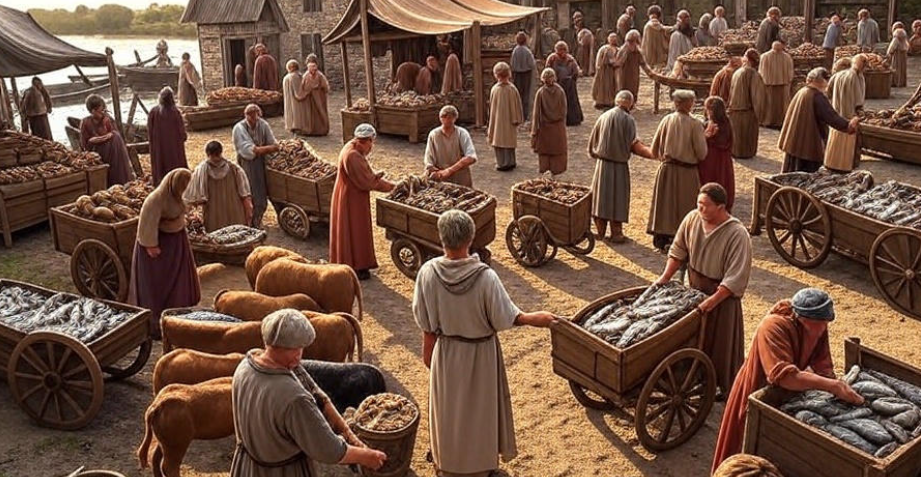 Medieval Riverlands market bustling villagers trading grain livestock fish wooden carts merchants river lively prosperous
