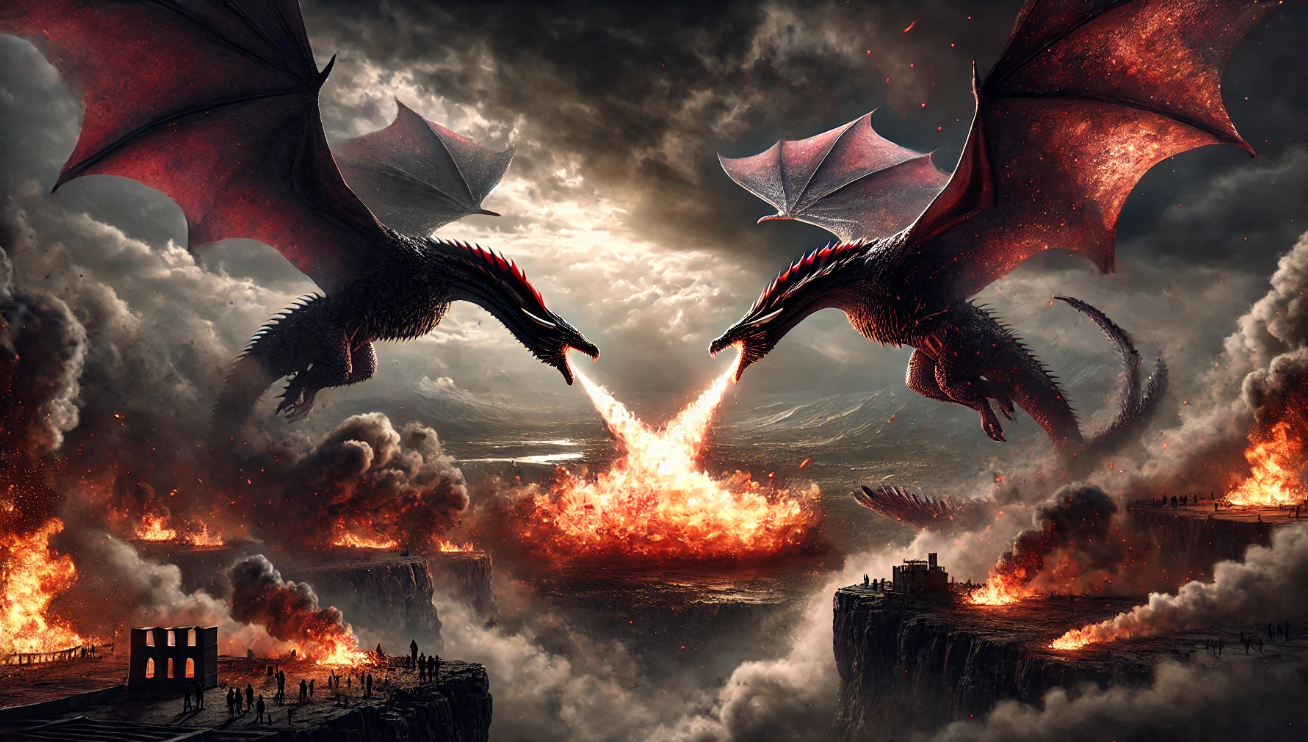 Dragons battling fiery chaos