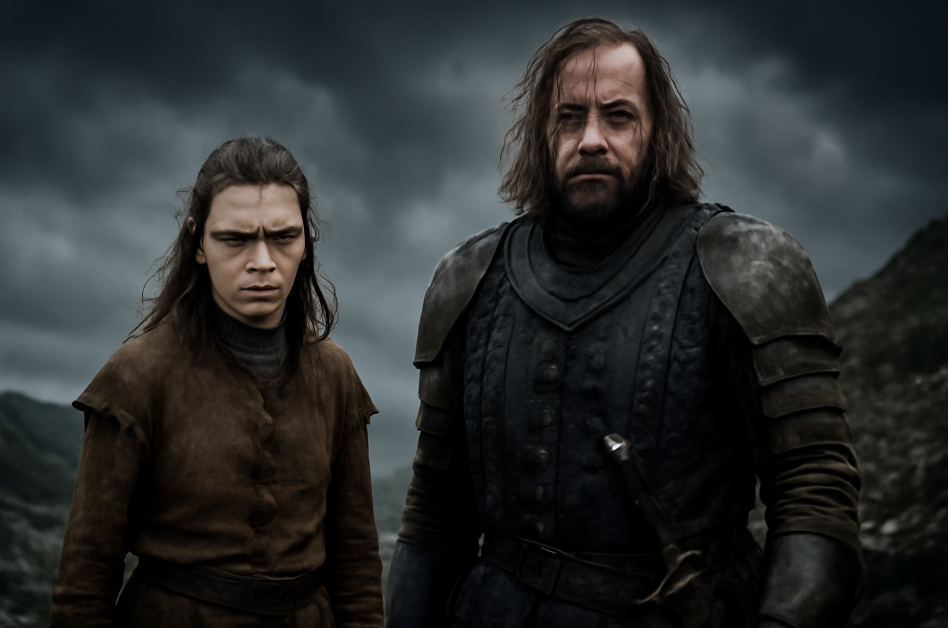 Arya Stark and The Hound standing together on a rocky, stormy landscape in Game of Thrones, displaying a tense and hostile first encounter. Arya is dressed in a rugged brown coat with a fierce expression, while The Hound, battle-worn and imposing, stands beside her.
