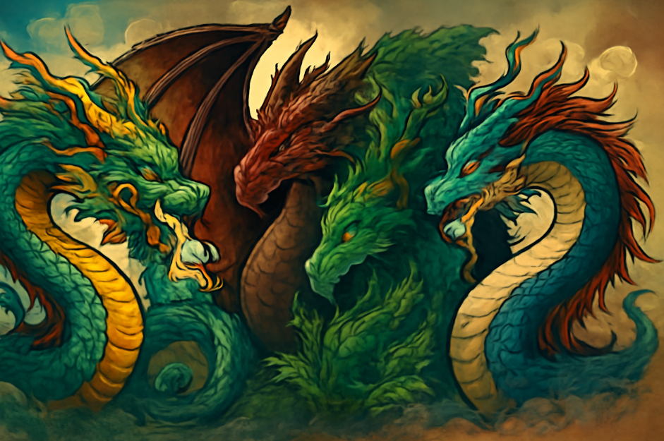 Illustration of four dragons representing different cultures: a Chinese dragon with flowing mane, a fierce Western dragon with large wings, a Celtic dragon entwined with nature, and a serpentine Japanese dragon, symbolizing strength, resilience, and wisdom.