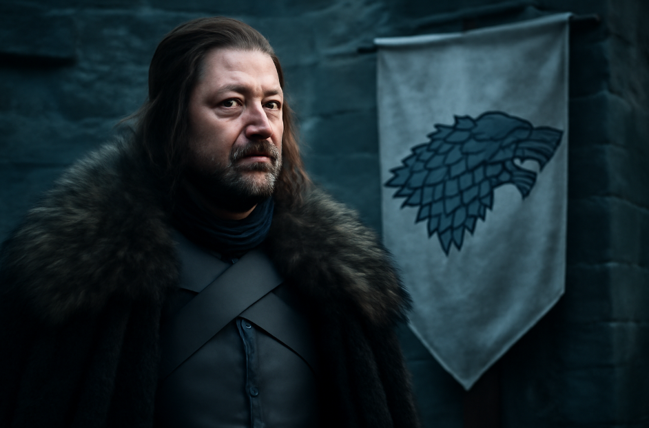 Ned Stark from Game of Thrones, wearing his iconic dark fur cloak, standing solemnly in front of the Stark family banner at Winterfell, embodying wisdom, honor, and leadership