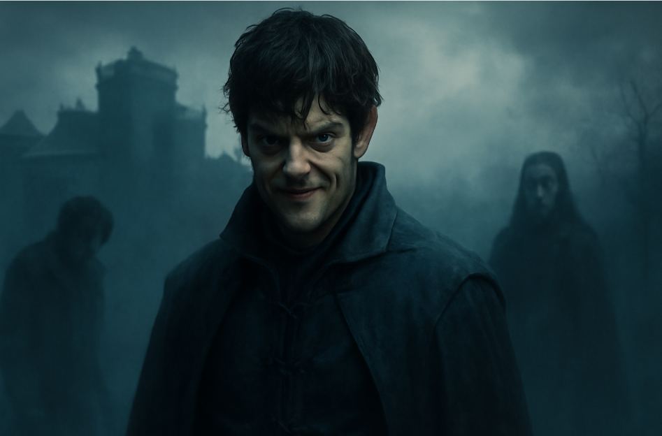 Dark portrait of Ramsay Bolton in front of a foggy Winterfell landscape, with a cruel expression and shadowy figures of Theon and Sansa in the background, symbolizing his manipulation and torment.