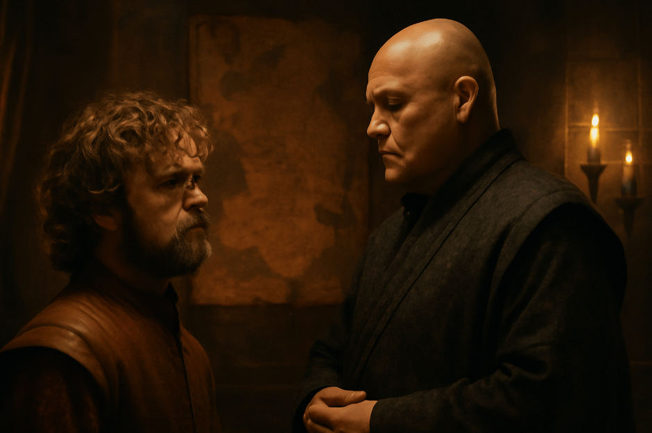 yrion Lannister and Varys face off in a dramatic medieval setting, engaged in a deep conversation about power, with a map of Westeros on the wall behind them, symbolizing their contrasting leadership strategies.
