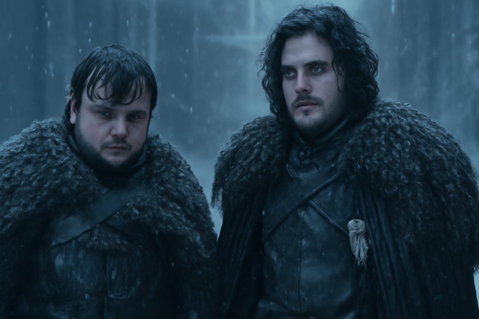 Jon Snow and Samwell Tarly standing side by side in a snow-covered landscape at the Wall. Sam looks hesitant, while Jon offers silent support, symbolizing the beginning of their powerful friendship in Game of Thrones. 