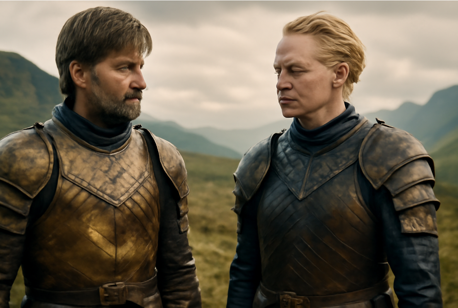 Jaime Lannister and Brienne of Tarth standing side by side in armor, looking at each other with mutual respect in a rugged outdoor setting with distant mountains. 