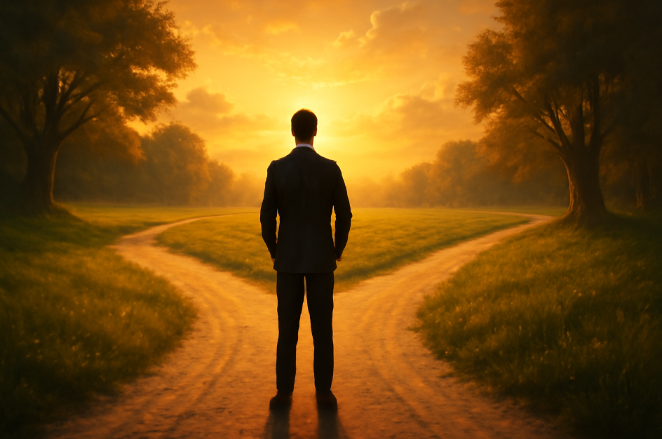 Leader standing at a crossroads with two diverging paths, symbolizing decision-making and leadership responsibility, bathed in warm golden light.
