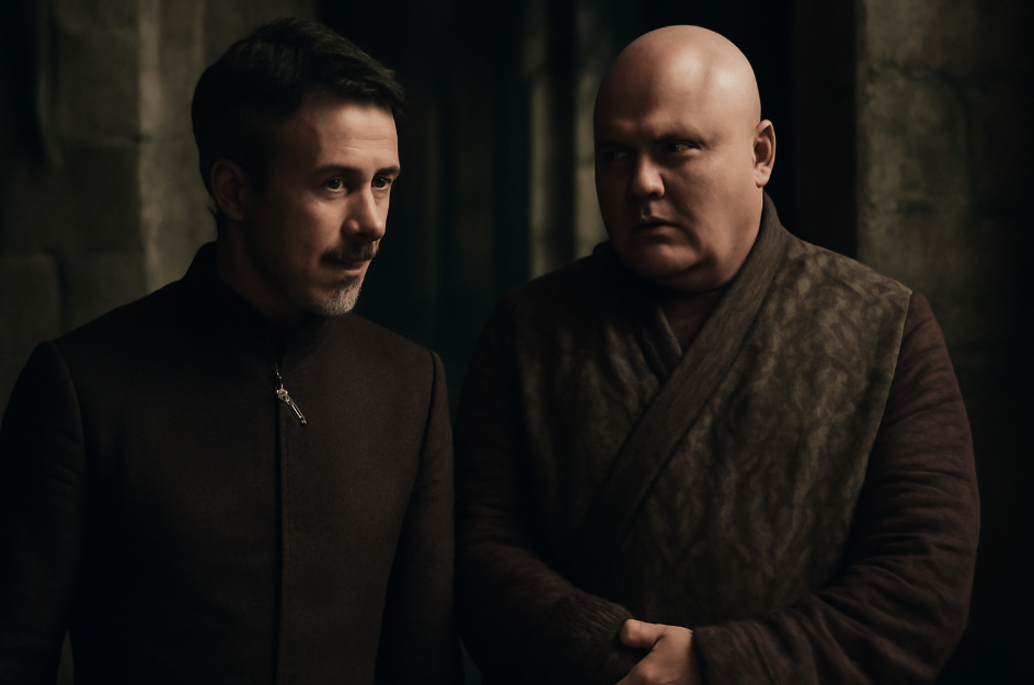 Littlefinger and Varys from Game of Thrones standing side by side in a dimly lit stone corridor, exuding tension and intrigue. Littlefinger wears dark, tailored attire, while Varys is in his signature robe, both embodying power and manipulation in the ancient, grim setting of Westeros." 