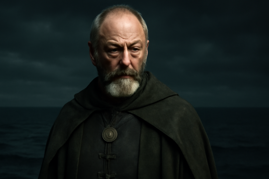 Portrait of Davos Seaworth, the Onion Knight from Game of Thrones, wearing his iconic dark cloak and standing against a stormy sea backdrop. His thoughtful expression reflects his loyalty and wisdom, with a weathered beard and intense gaze. The image captures the essence of his character, illuminated by soft, diffused lighting.
