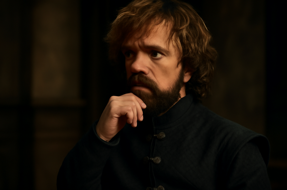 Tyrion Lannister deep in thought, wearing dark medieval attire, with a contemplative expression, capturing his wisdom and intellect in a moody, atmospheric setting.