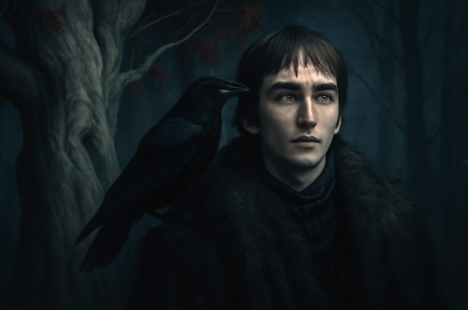 Bran Stark as the Three-Eyed Raven standing beside a weirwood tree with a raven perched on his shoulder, glowing third eye visible, in a mystical, shadowy forest." 