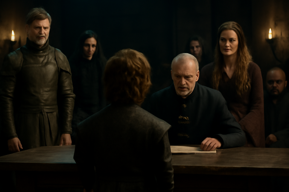 Medieval courtroom scene from Game of Thrones showing Tyrion Lannister facing his family, including Tywin Lannister, in a tense trial moment. The dark stone walls and dim lighting create a dramatic atmosphere of political conflict and corruption."