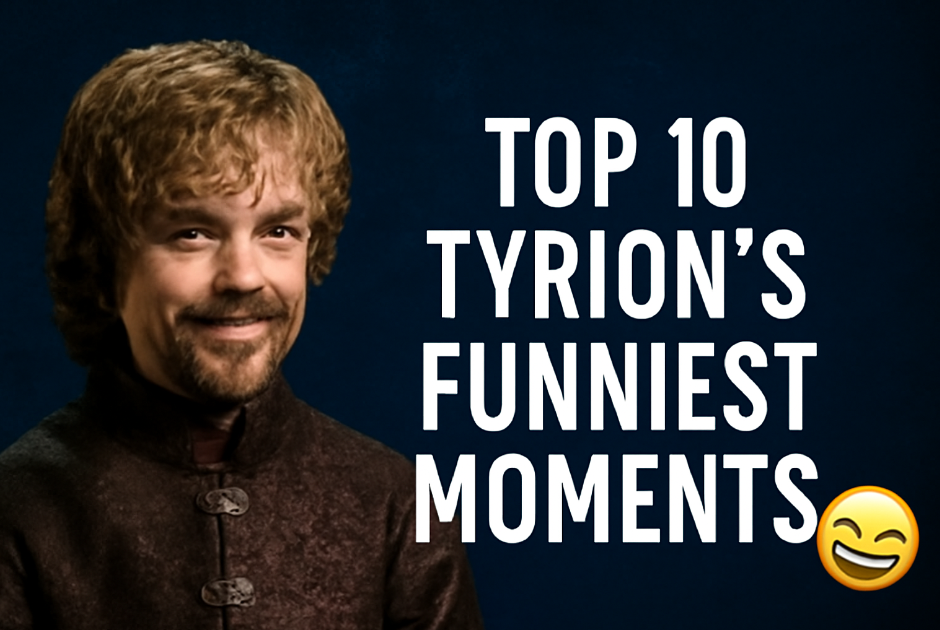 Close-up of Tyrion Lannister from Game of Thrones with a mischievous smile, set against a dark blue background. Text reads 'Top 10 Tyrion's Funniest Moments' with a laughing emoji.