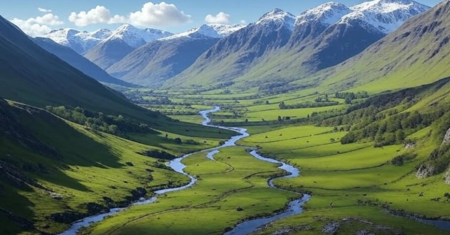 "Breathtaking aerial view of the Vale of Arryn from Game of Thrones, featuring lush green valleys, snow-capped mountains, a winding river, and the iconic Eyrie castle perched on a distant peak under a clear blue sky, hyper-detailed fantasy landscape, cinematic style." 