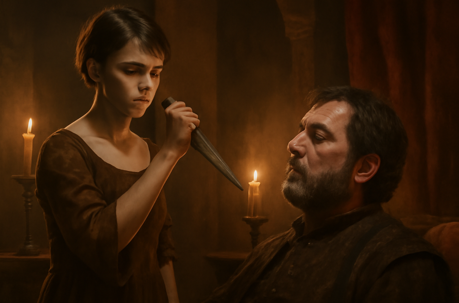 A young woman in a dark cloak stands confidently over a defeated man in a shadowy, misty street of Braavos. Her expression is emotionless, reflecting the training of a Faceless Man, as the ancient city's architecture looms in the background.