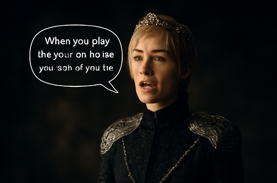 Cersei Lannister (Lena Headey) speaking with authority in Game of Thrones, with a speech bubble containing her iconic quote 'When you play the game of thrones, you win or you die' against a dark, moody background.
