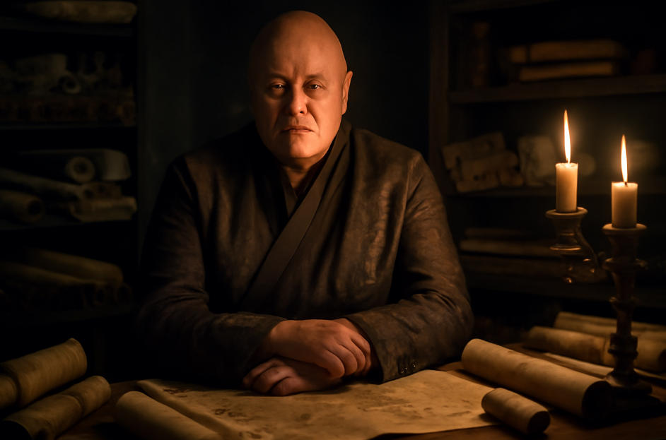 Varys from Game of Thrones sitting solemnly at a wooden table in a dimly lit room, surrounded by scrolls and maps, symbolizing his role as the master of spies and strategist.
