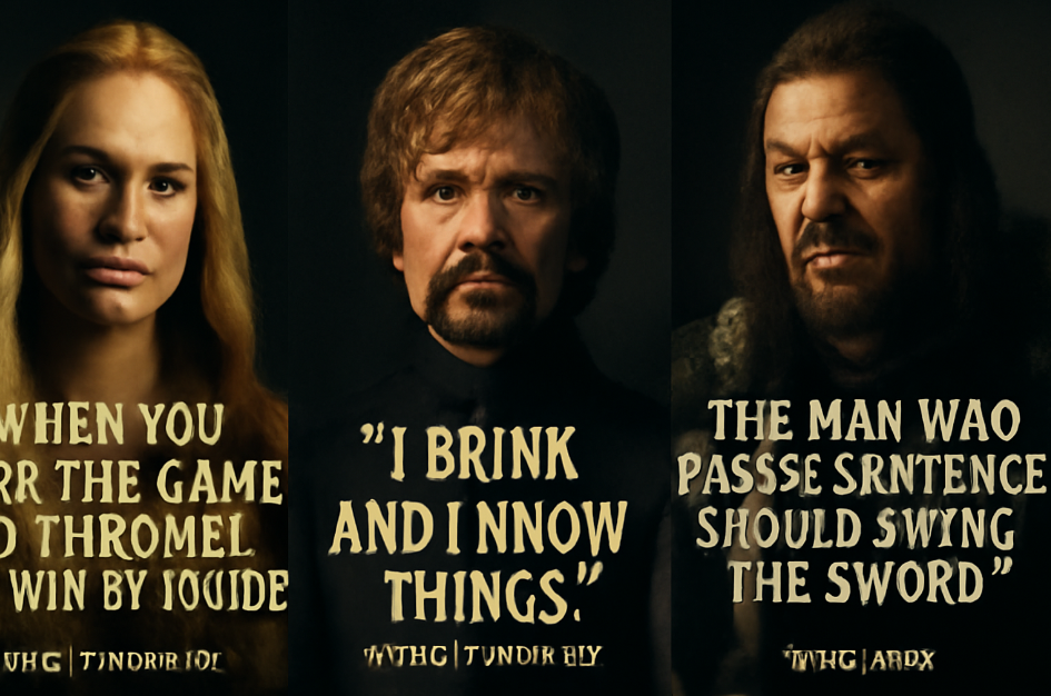 Digital triptych featuring Cersei Lannister, Tyrion Lannister, and Ned Stark from Game of Thrones, each with their iconic quotes: 'When you play the game of thrones, you win or you die,' 'I drink and I know things,' and 'The man who passes the sentence should swing the sword.' The image has a dramatic, cinematic feel with moody lighting.