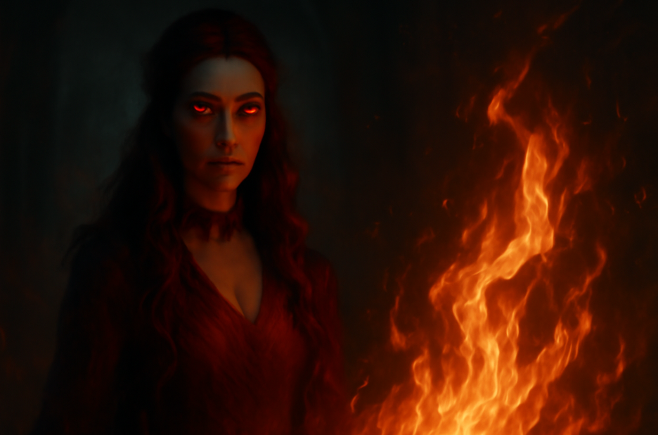 Melisandre, the Red Priestess from Game of Thrones, standing in a dark room with swirling flames around her. Her glowing red eyes and fiery aura symbolize her prophetic powers and connection to the Lord of Light.