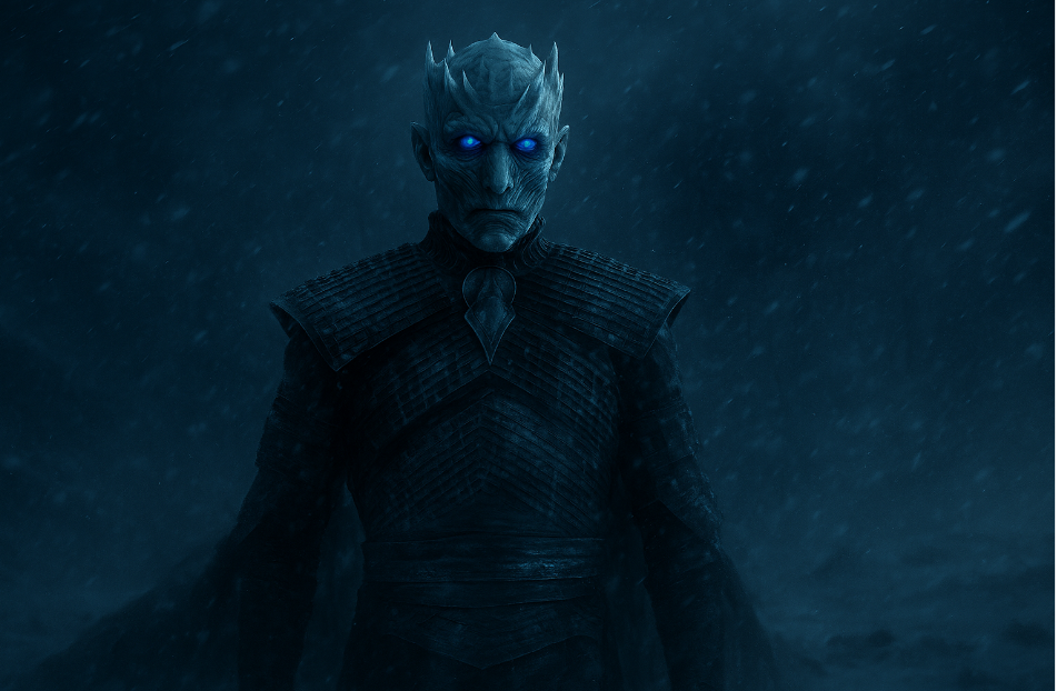 Night King from Game of Thrones standing in a snowy, wintry landscape with glowing blue eyes, surrounded by swirling snow and an ominous dark background, embodying silent power and mystery.