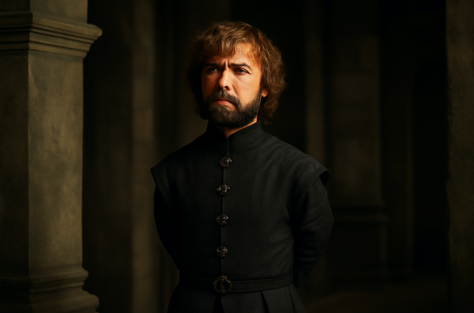 Tyrion Lannister standing in a medieval stone chamber, exuding quiet wisdom and resilience, captured in soft, warm lighting that highlights his contemplative expression and regal pose.