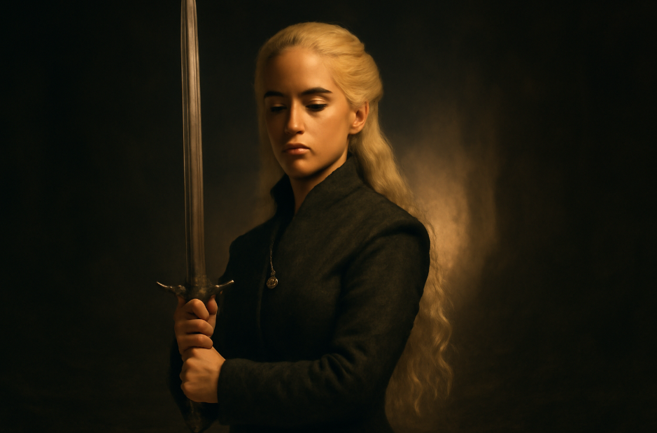 Daenerys Targaryen from Game of Thrones standing with a determined expression, gazing out over the horizon of Westeros. Dressed in a dark cloak with a silver dragon-shaped brooch, she looks toward a distant kingdom, symbolizing her vision for the future. The warm, golden light and serene landscape emphasize her clarity and focus as a leader