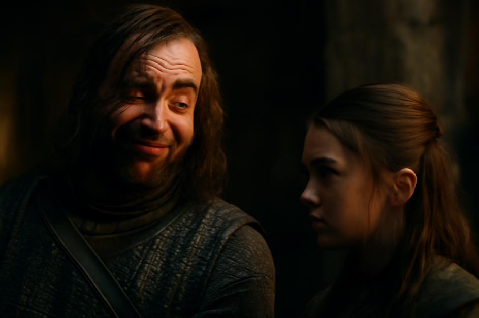 Image of The Hound (Sandor Clegane) smirking at Arya Stark in a tense, dimly lit stone chamber, reflecting his dark humor and sarcastic demeanor in Game of Thrones.
