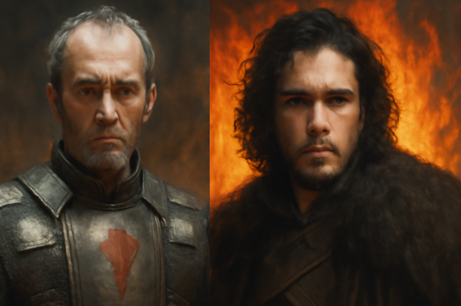 Split portrait of Stannis Baratheon and Jon Snow from Game of Thrones, both illuminated by fiery flames. Stannis appears determined in his armor, while Jon stands resolute, surrounded by flames, symbolizing the connection to Melisandre's prophecy