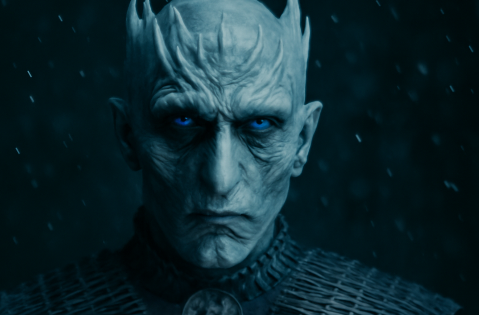 Close-up of the Night King from Game of Thrones, showcasing his pale, icy features and glowing blue eyes, with subtle snowflakes falling against a dark, cold backdrop.