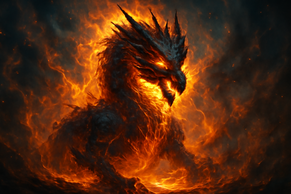 Fiery dragon surrounded by flames, with glowing eyes and jagged horns, radiating powerful energy and strength. The dragon’s body is enveloped in swirling fire, symbolizing inner strength, resilience, and determination.