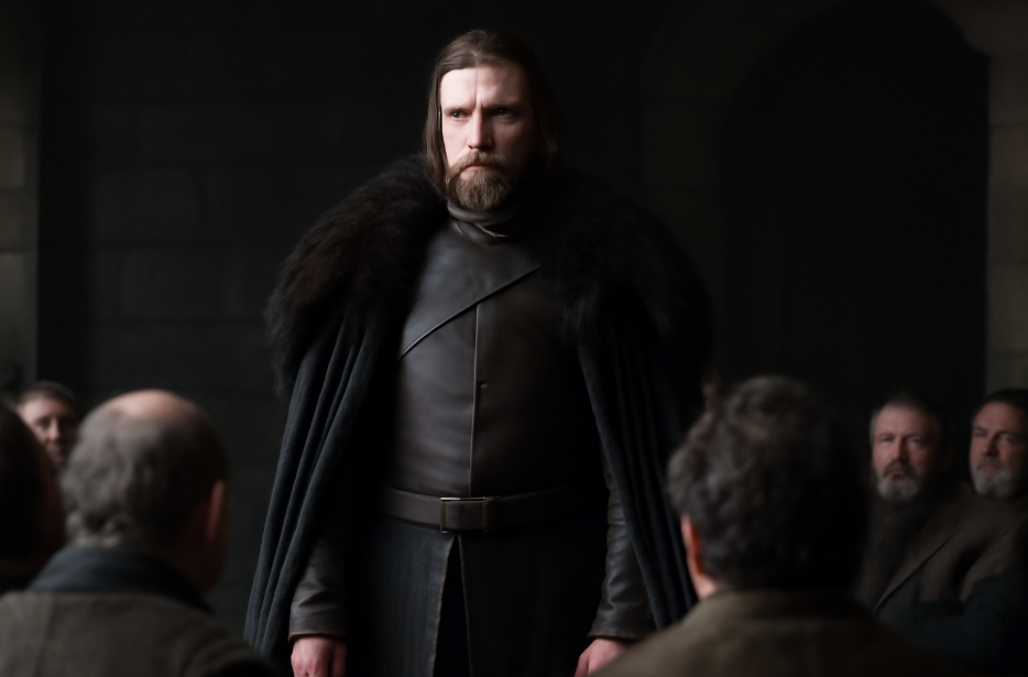 Game of Thrones character standing confidently in a courtroom-like setting, wearing a dark cloak and a serious expression, surrounded by an audience. The atmosphere conveys authority and power, emphasizing the character's commanding presence.