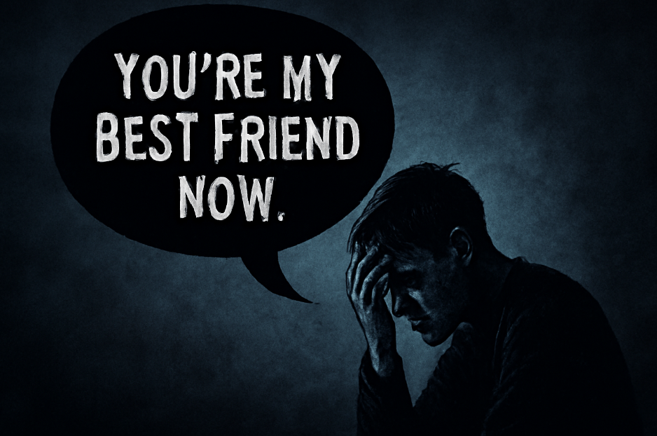 Dark, moody image of a tormented figure representing Theon or Sansa, with Ramsay Bolton’s quote 'You’re my best friend now' in a looming speech bubble above, set against a shadowy background symbolizing manipulation and fear