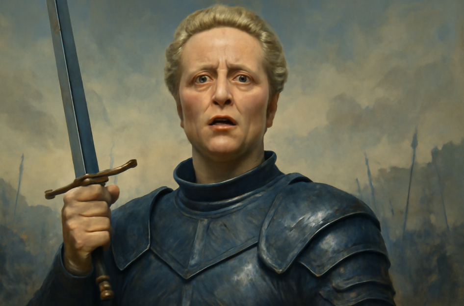 Close-up of Brienne of Tarth with a proud, defiant expression, raising her sword in a medieval battleground. Soft lighting focuses on her determined face and weathered armor, symbolizing her strength and unwavering resolve