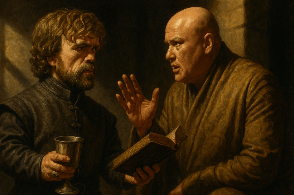 Tyrion Lannister and Varys in a heated debate inside a dimly lit room, with Tyrion holding a goblet and book to show wisdom, while Varys gestures with his hand, symbolizing secrecy—contrasting light and shadows emphasize their differing views on power. 