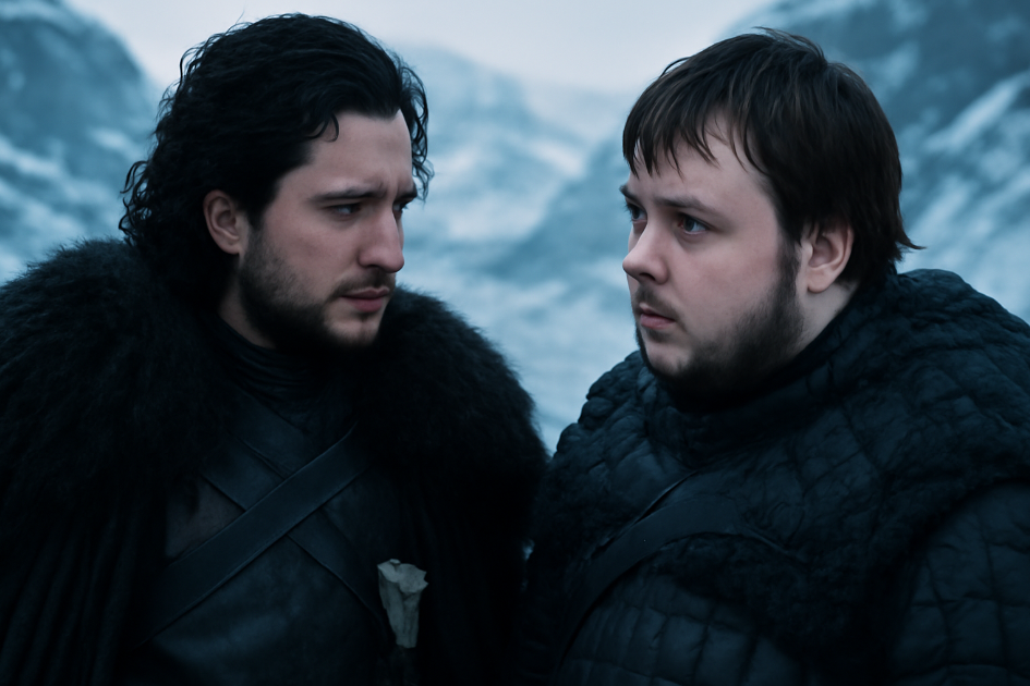 Jon Snow and Samwell Tarly having a serious conversation in the snowy landscape of the Wall. Jon looks encouraging and protective, while Sam appears thoughtful, symbolizing their emotional and supportive bond in Game of Thrones 