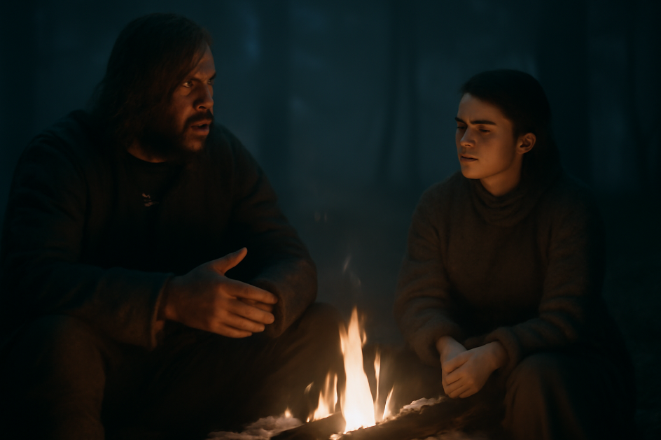 Arya Stark and The Hound sitting by a flickering campfire in a foggy forest at night. The Hound speaks passionately while Arya listens thoughtfully, illuminated by the warm glow of the fire in a tense, atmospheric setting.
