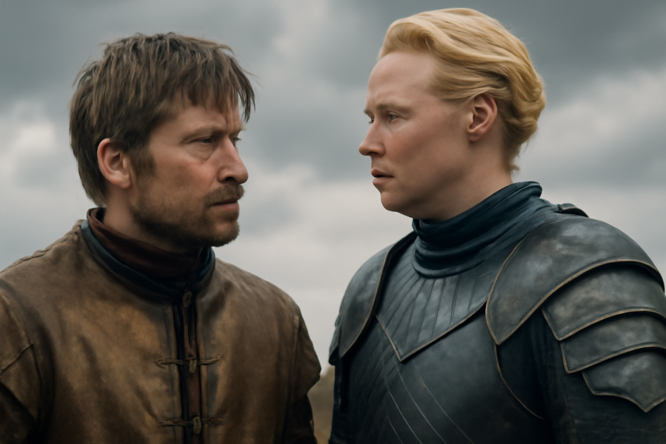 aime Lannister and Brienne of Tarth standing face to face outdoors under a cloudy sky, with tension in their expressions. Jaime looks skeptical, while Brienne appears steadfast in her honor, both in full armor. 