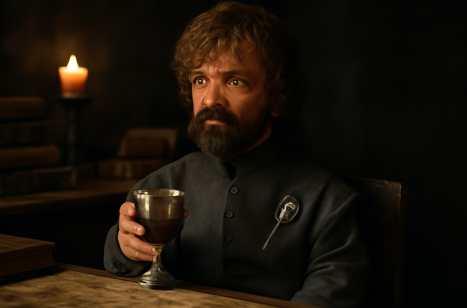 Portrait of Tyrion Lannister sitting in a dimly lit room, holding a goblet of wine with a contemplative expression, surrounded by books and maps, exuding wisdom and wit.